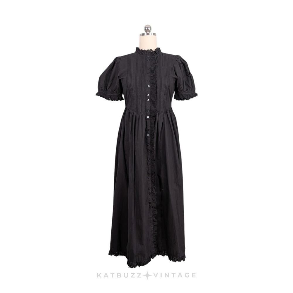 Sonmer Maxi Shirt Dress M Black Short Sleeve Lace Modest Cottage Boho Tiered